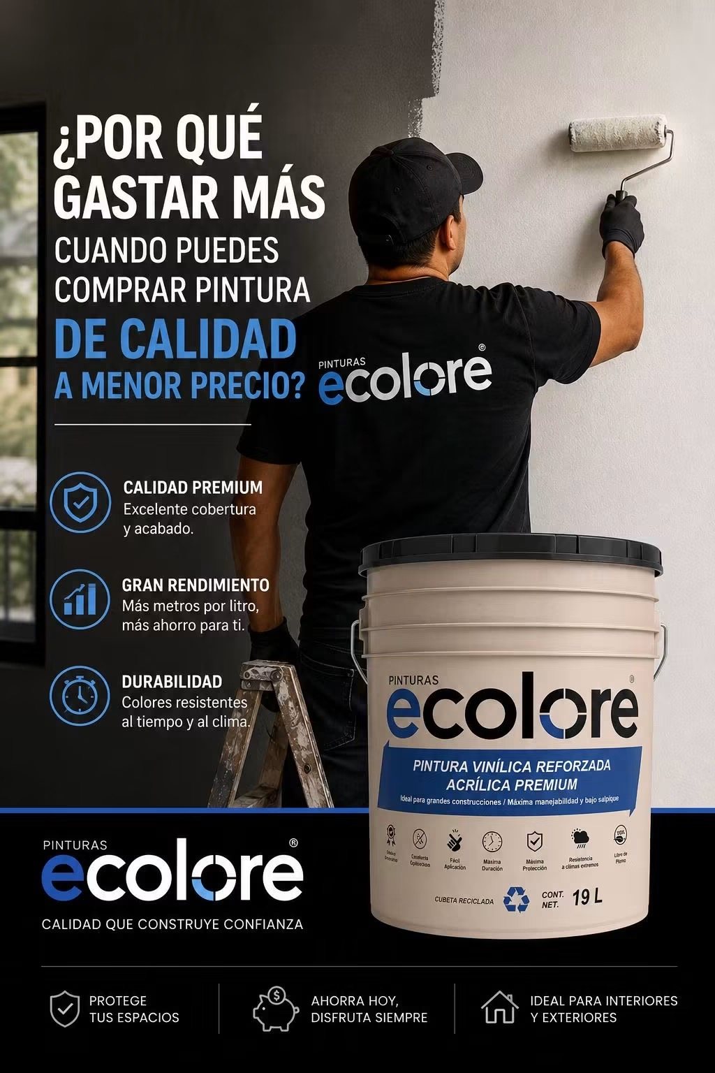 Pintor aplicando pintura Ecolore en un muro